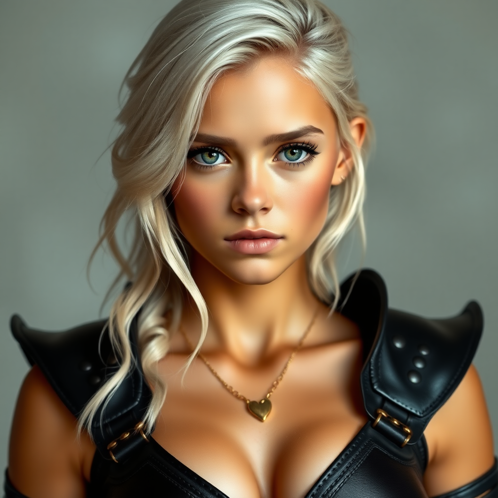 Portrait of a beautiful young platinum blonde woman with green eyes, a suntan, light brown eyebrows, and large breasts. She is wearing black leather armor and a gold necklace with a small heart pendant.