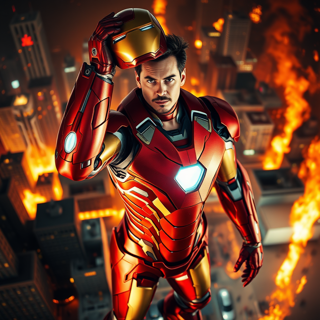 An electrifying, high-contrast shot of tonystark standing resolutely, Iron Man suit glistening, helmet raised, showing his carismatic expression, amidst a cityscape engulfed in flames, camera angle: sweeping bird's eye view from above, with intense warmth and sharp shadows to emphasize his heroic stance.