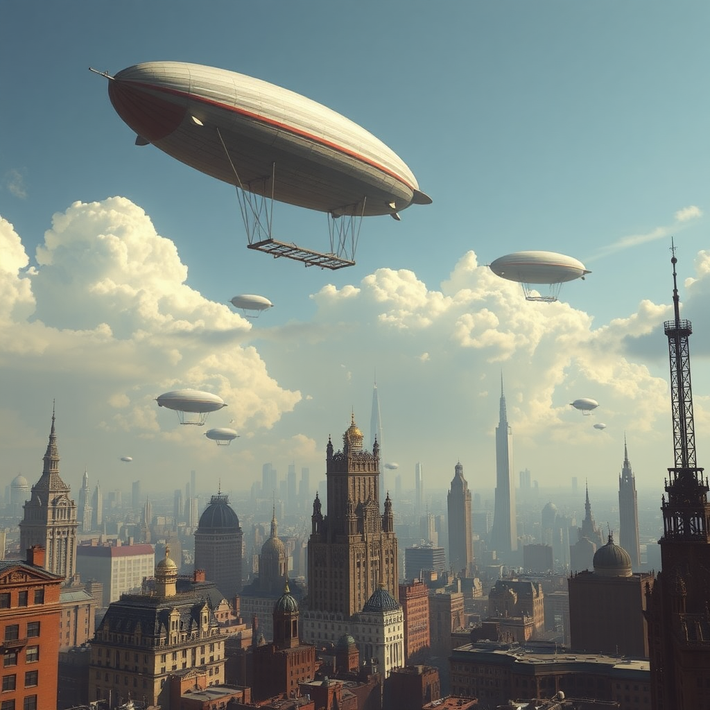 Brutalism Bioshock style city with flying zeppelin