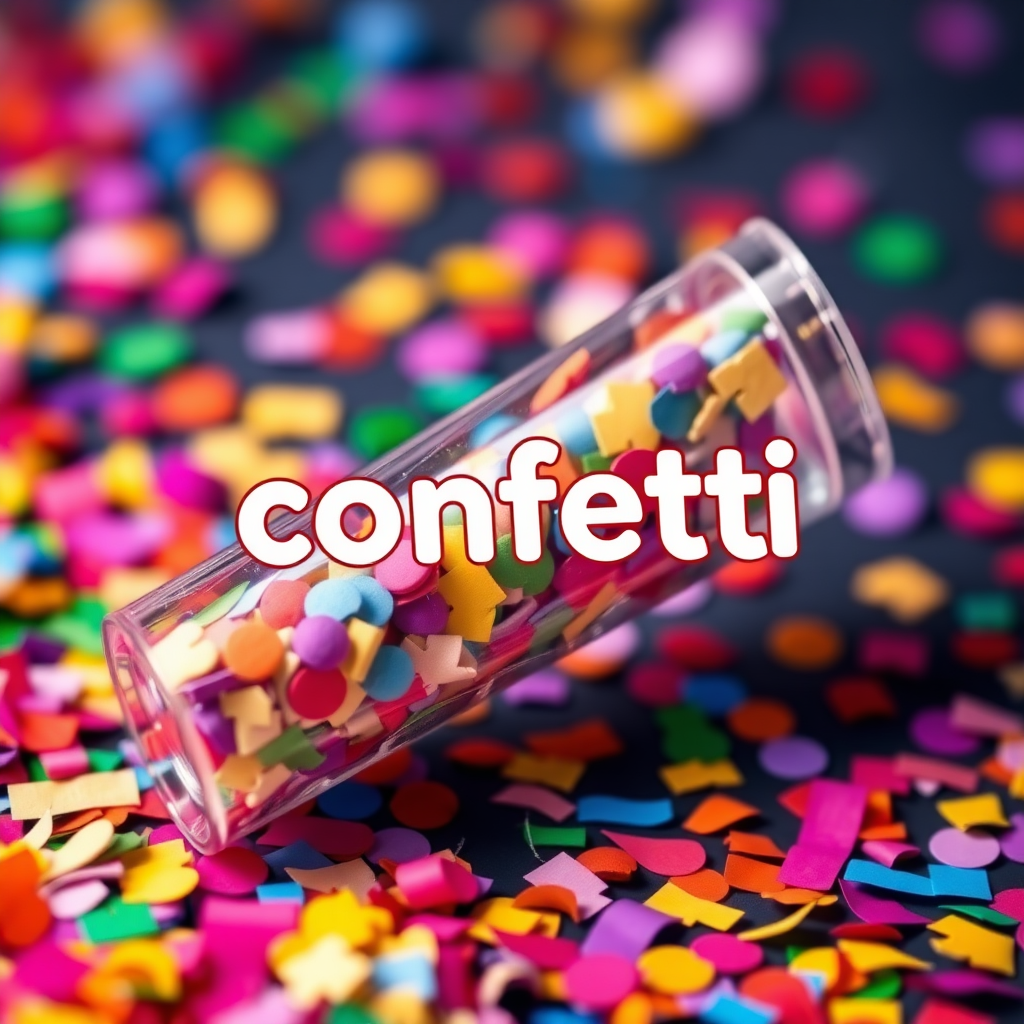 A photo of a colorful confetti popper tube with the text "confetti" on it.