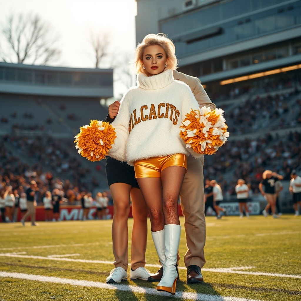 Sunny cold fall noon, college football stadium game, cheerleaders leader squat: Ana, European 17 years old very convincing femboy “QB’s trophy-bimbo”, tamed servile docile, very beautiful feminine flawless face, rather short boyish figure, platinum blond short tight curls, bold red lips, heavily made-up face, fluffy very fuzzy bright white plushy hazy thick angora turtleneck-sweater with “gold “WILDCATS” letters, vinyl gold short shorts, mesh pantyhose, white vinyl thigh-high boots with golden heels, large gold-white pompoms, pearl earrings, standing, shoulders slightly arched back to present her assets, posing for photo with Hank: older tall overweight male football coach, wearing college football coach outfit, triumphant smile, nimbly patting Ana.