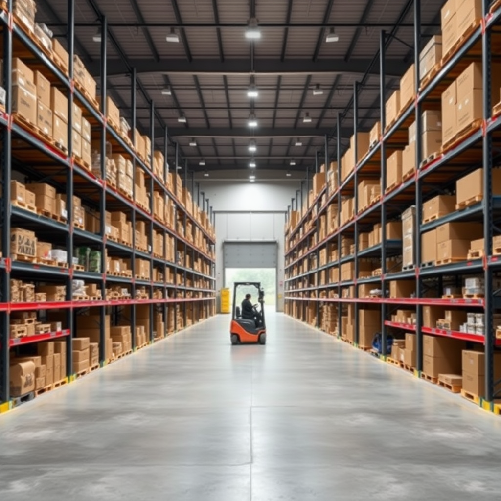 Create a high-resolution photo of a modern warehouse interior. The scene should include tall shelves filled with various boxes and products, a spacious layout with clear concrete pathways, and bright overhead lighting. Include a forklift without an operator and a partially open gate in the distance. The overall atmosphere should convey efficiency and organization, with a clean and professional look. No text, no humans.