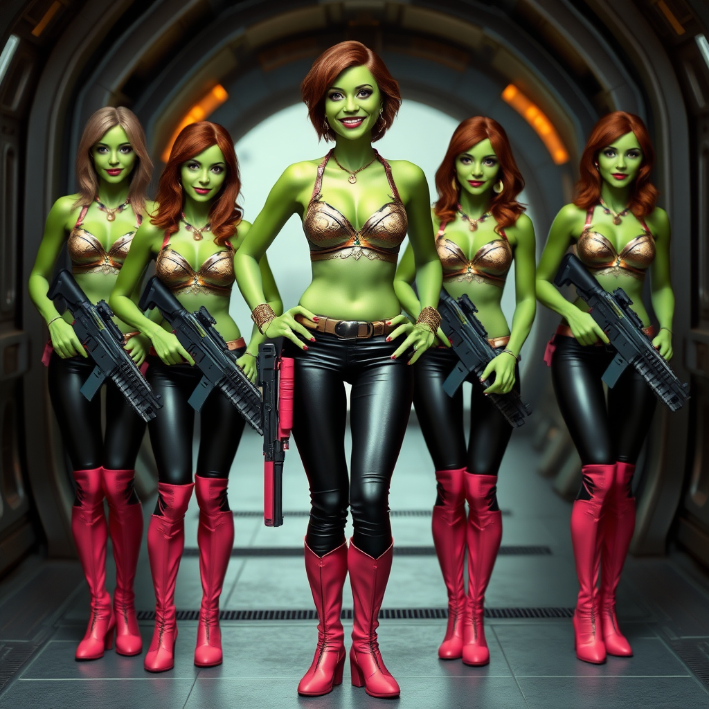 Tall, beautiful green skinned woman. Her brown hair is in a shag-cut style. Her eyes are gold. She is dressed in an ornate metal bra. She is wearing black leather pants, with pink knee high boots. She has her hands on her hips. She is smiling. A sci-fi looking gun is holstered at her hip. Four other green-skinned woman, dressed in metal bikinis, each carrying a weapon, stand next to her. They are at a sci-fi looking space-port.