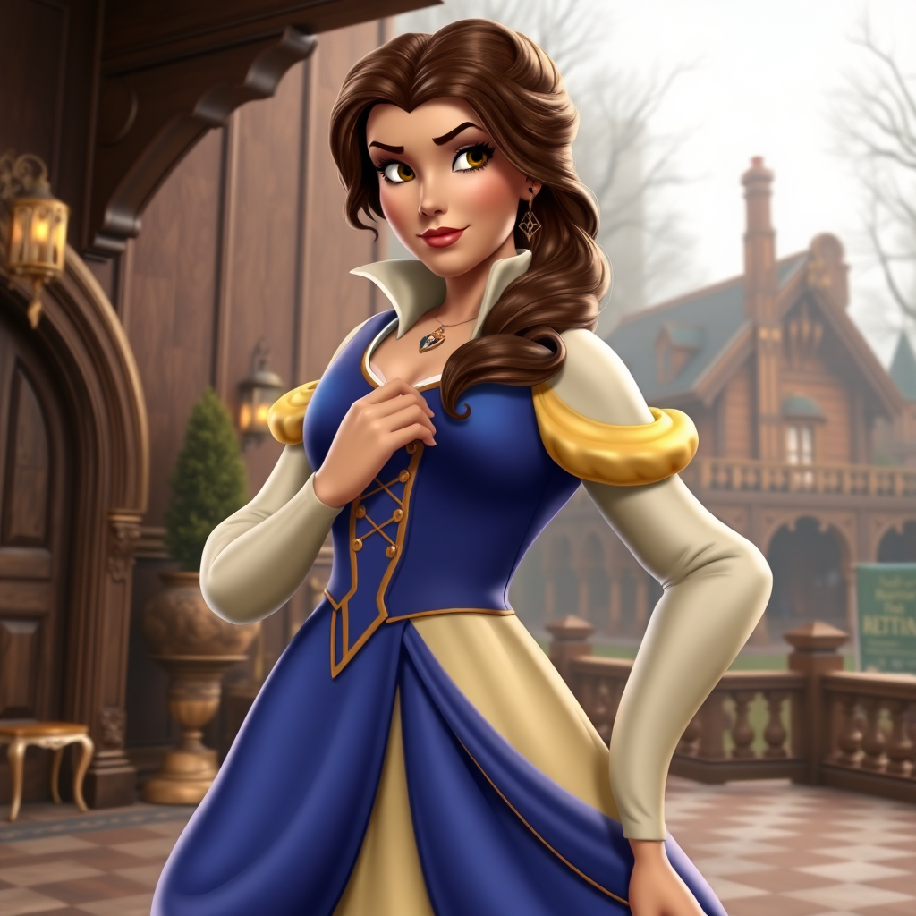 Here is a revised prompt that stays under 700 characters and meets the requirements:

"Generate a full-length rendered image of Belle, swapping her body for Gaston's masculine physique, retaining her iconic head, hairstyle, and facial features. Incorporate background elements inspired by both characters, blending grand chateau opulence and rustic hunting lodge charm."