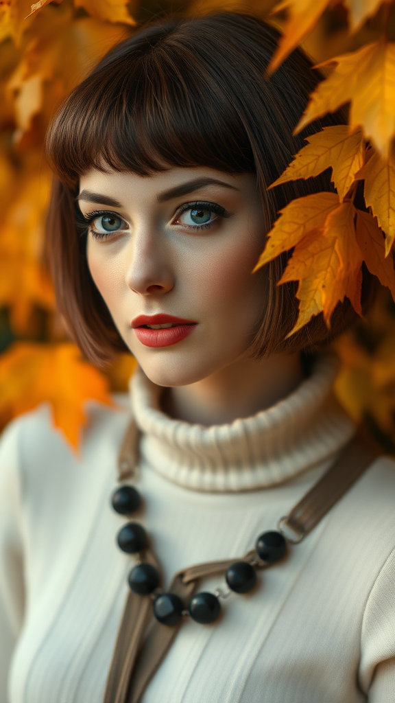 Beautiful model Anne Hathaway with a square bob hairstyle, surrounded by autumn foliage, in high definition.