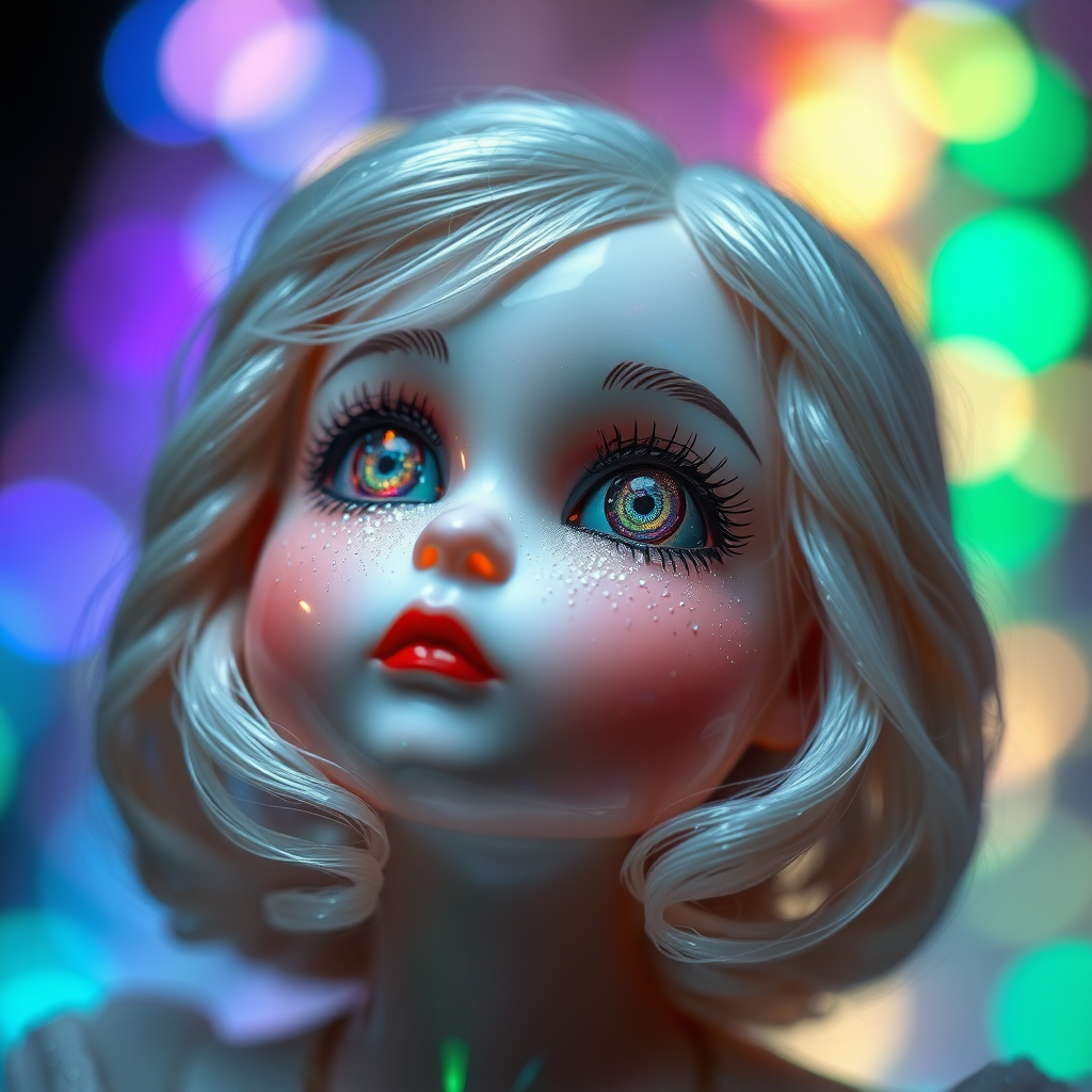 preteen artists doll, porcelain, Bokeh, abstract, mandelbulb fractal, fractal, brilliant colors, glittering, translucent, mother of pearl, opal, iridescent, natural skin, glowing