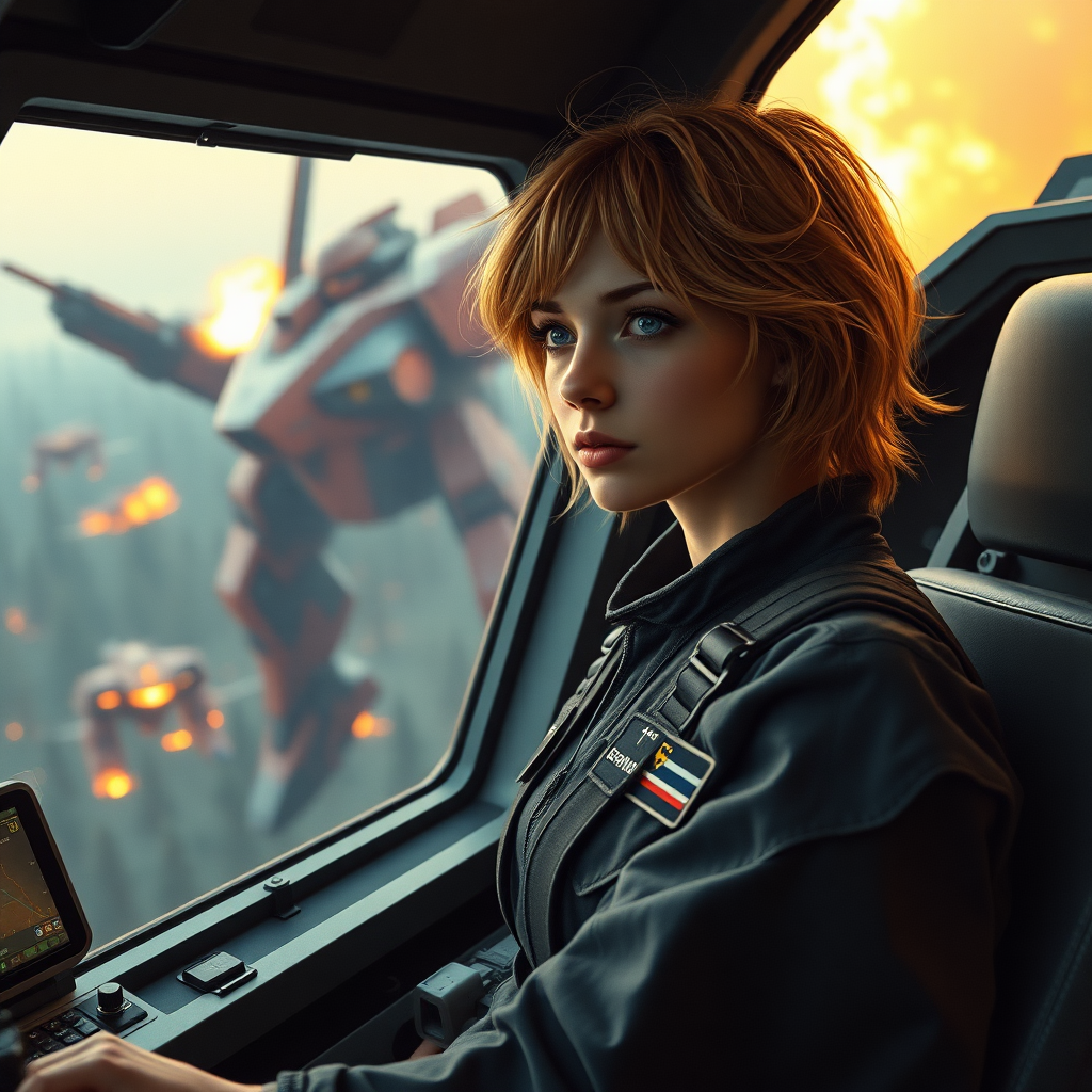 A girl with a face like (Ana de Armas), pale, no makeup, messy shoulder-length strawberry blonde hair, athletic, wearing a flight suit, "Benaenae" badge on the pocket. She is in a mech cockpit looking calmly out the window while working the controls. There is an intense battle in the background between giant robots twice the height of trees of a forest on fire. Hyperrealistic, dawn, film grain.