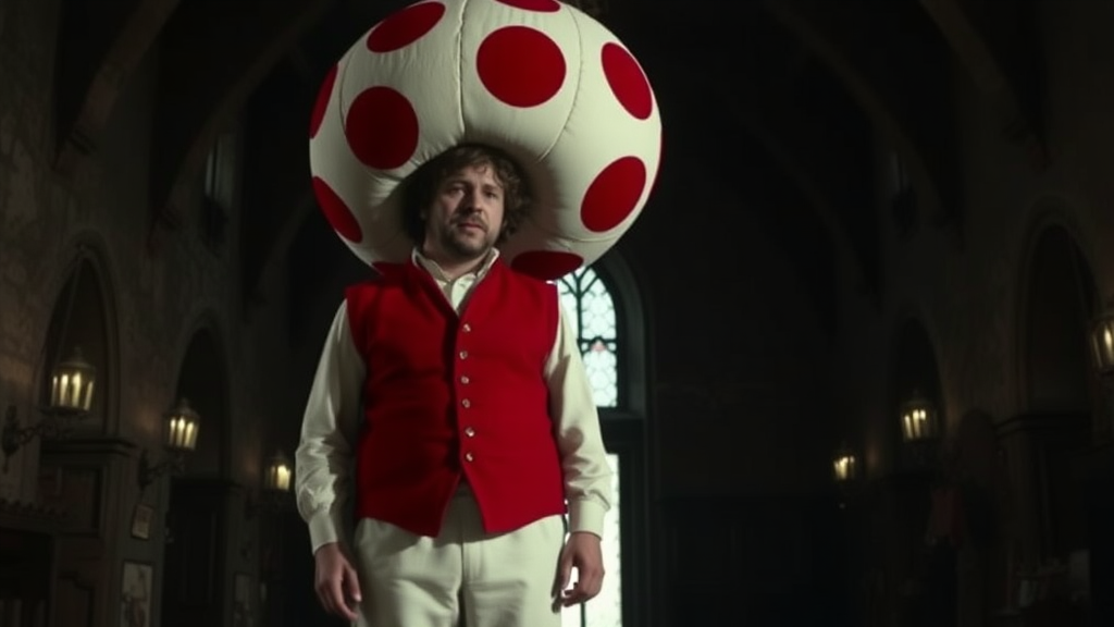 Interior. Dimly lit castle. 1980s movie. Peter Dinklage with white pants, red vest, and very large spherical hat that is white with large red spots.