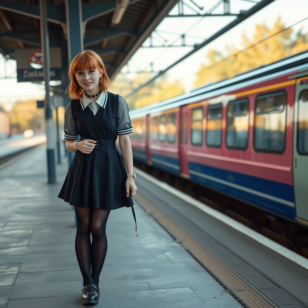 photorealistic, ultra high resolution, 16K, surreal fantasy, soft studio lighting, Tyler Swift is a pretty 18 year old goth male, slim male physique, auburn hair, goth makeup, earrings, shiny black pantyhose, UK girls-school uniform, Mary-Jane shoes, spikey neck collar chain and leash, standing at a station, the wind has blown his dress up to expose his pantyhosed bottom, his boyfriend is holding the end of the leash, in daylight, excited smile, facing the camera.