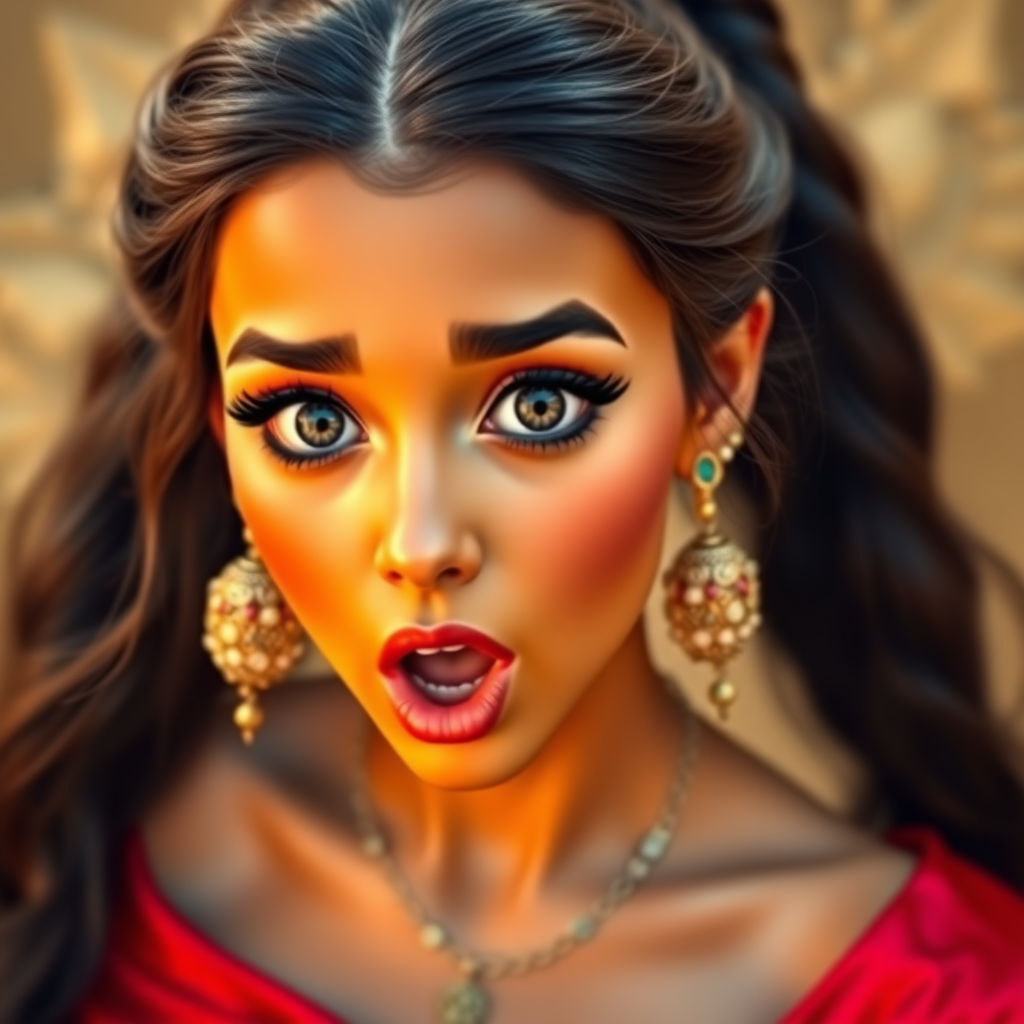 surprised Arabian girl with mouth open. She has very large eyes, black eyeshadow, black eyeliner, fake eyelashes, very tanned skin, very long hair. very high ponytail, princess jasmine, red off shoulder shinny crop top. photo realistic