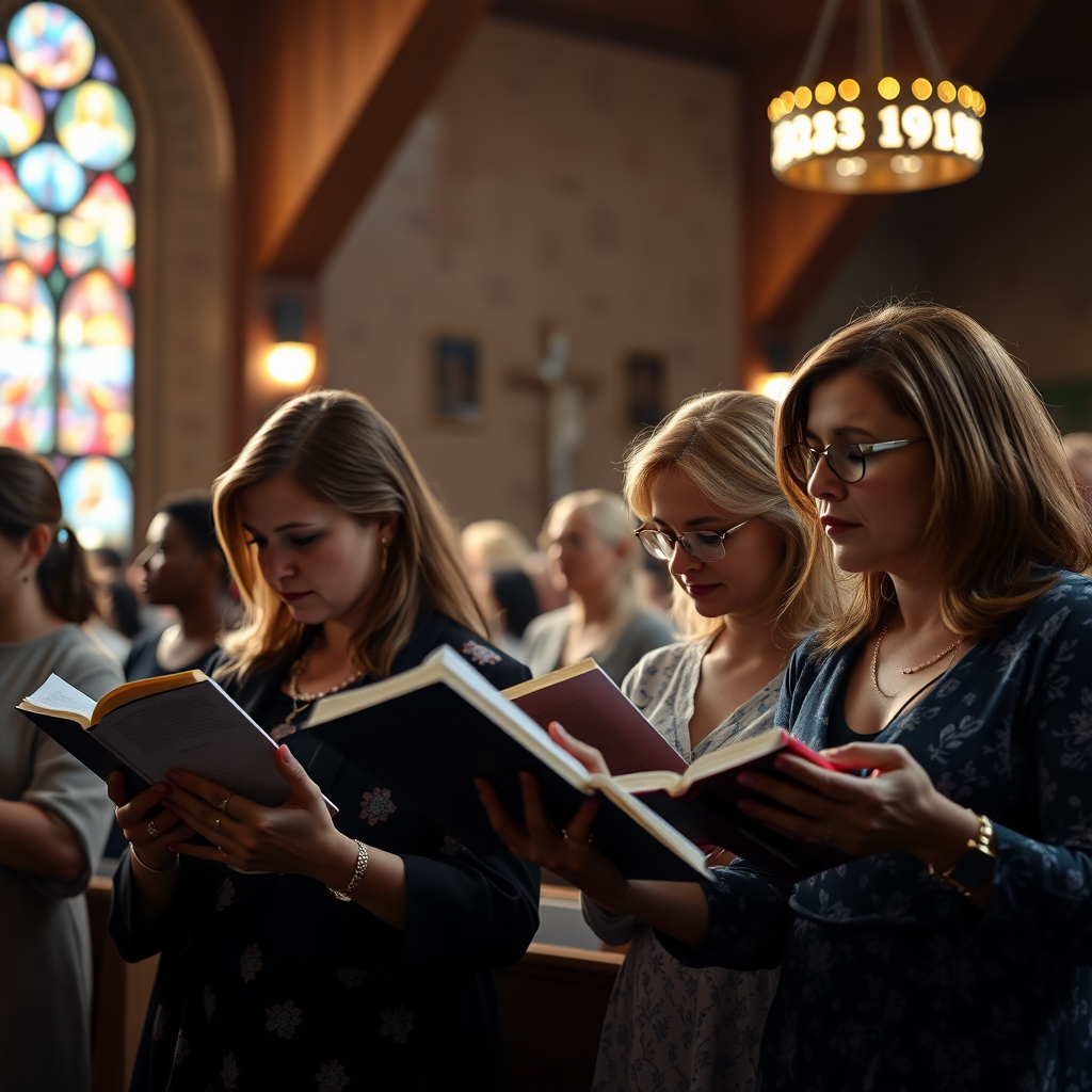 A banner with an image of several women reading their Bibles in a service in an evangelical church, digital art style, ultra detailed, cinematic lights, high quality, 8K