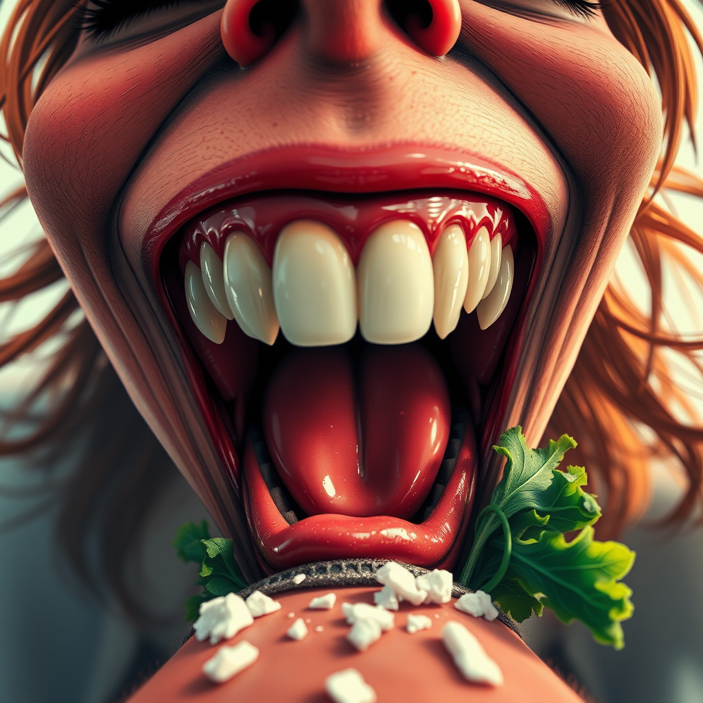 Extreme closeup ultrawide lens tiny 1st person POV. Charming giantess snakcs on a shrunken man (his POV). Dream fulfilment dynamic stylized expressive realistic pencil illustration masterpiece depth of field. Immersive giantess vore POV. POV entering the smiling bucktooth jaws of a delighted predatory freckled GTS fantasy evil girl's eager sexy mouth. Crumbs of chewed salad. Indulgent. Beautiful smile. Tiny POV of being eaten. Details of tongue, saliva, teeth. Anime. Vivid