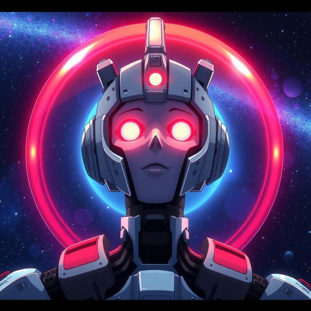 An anime portrait of an anime sentient machine. Think Space Odyssey.