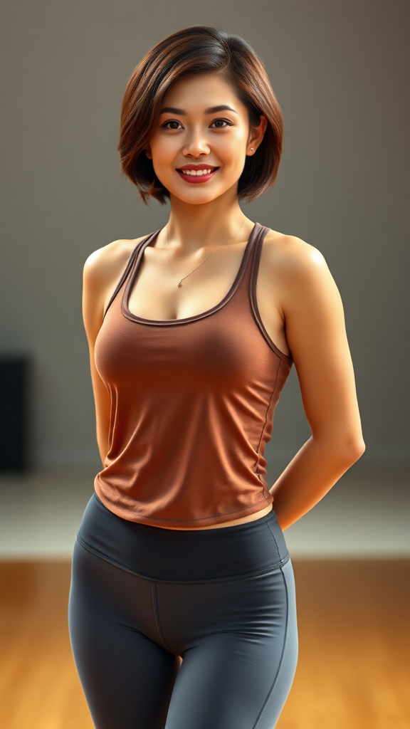 A beautiful Chinese woman, short hair, curvy figure, small chest, wearing yoga pants and a tank top.