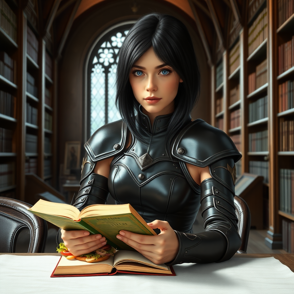 beautiful young woman, dark hair past her shoulders, blue eyes, small, slim figure, wearing full leather armor suit, sitting, sandwich on the table, reading a book, in a grand old library.