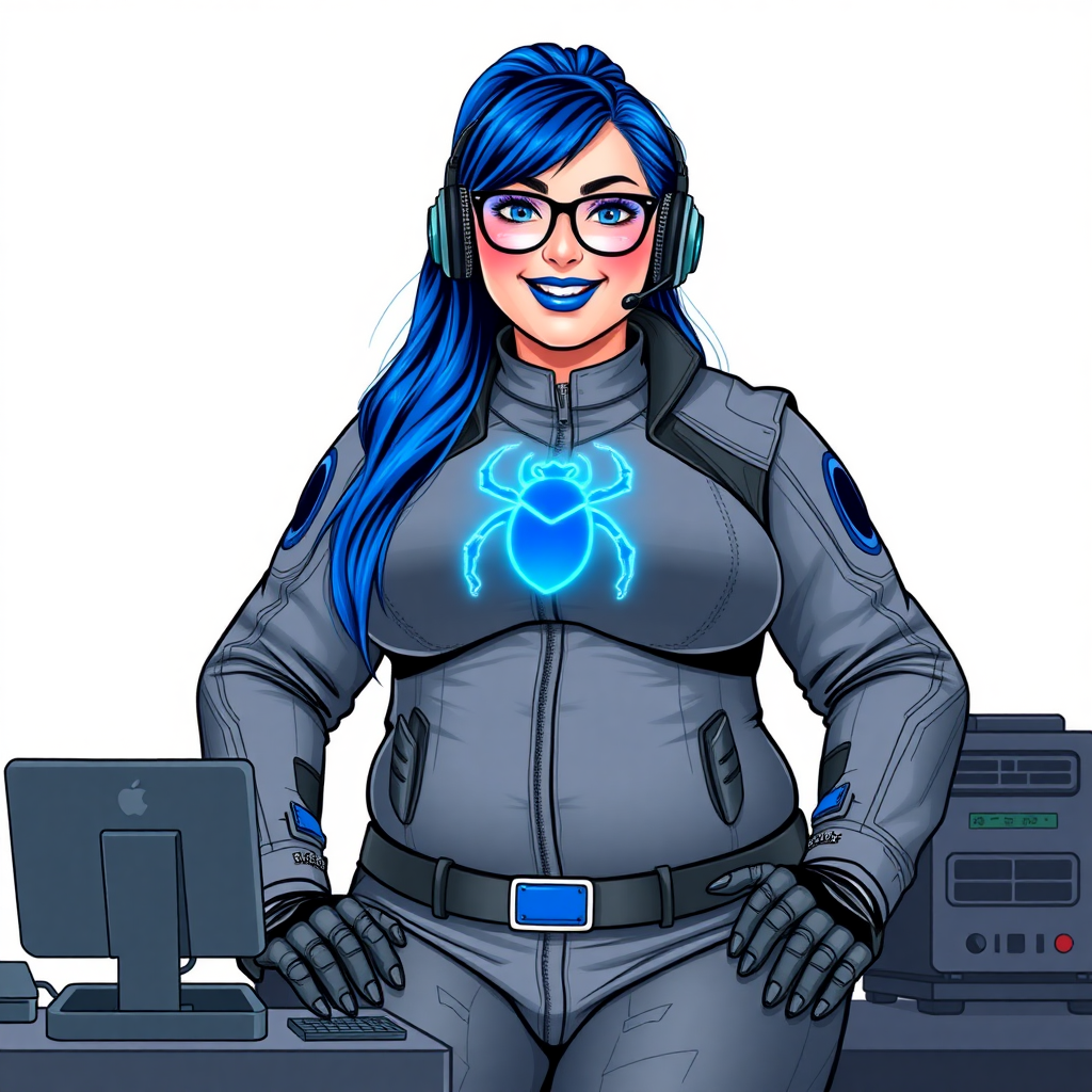 A nerdy, full-figured 29-year-old computer program hybrid with a long, maximum blue ponytail. She wears maximum blue lipstick and has bright blue eyes. Her outfit includes a digital, computerized, middle gray biker suit featuring a neon blue glowing beetle chest icon. She sports a sapphire headset and black eyeglasses, with a lovestruck smile and neon red blush. Her full figure reflects the doting care of her vigilante boyfriend. As his tech expert, she works diligently at her lab table in their hideout. The background is solid white. She has a prominent, large, round midsection, thick limbs, and broad shoulders. Her middle gray metallic skin highlights her digital nature. The biker suit blends with her middle gray skin appearing to merge together as computer data. She is drawn as if she was in a retro 2D cyberpunk fighting game.