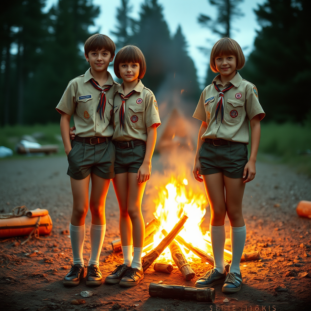 Two tall 14-year-old teen boys, bob cut, wearing American Boy Scout uniforms with uniform-matching very tight booty shorts, tube socks, shoes, long legs, narrow thighs. A campfire. Full-length view. 1980s. 
Photorealistic, ultra high resolution, 16K,
Negative: grainy, blurry, bad anatomy, extra limbs, watermark.