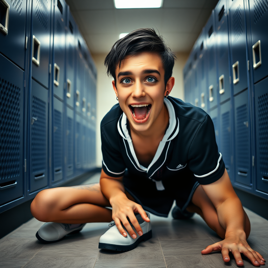 photorealistic, ultra high resolution, 16K, surreal fantasy, soft studio lighting, a pretty 17 year old goth male, slim male physique, short dark hair, blue eyes, goth makeup, earrings, sheer pantyhose, UK girls-school uniform, Mary-Jane shoes, kneeling on the floor of the locker room looking up at the camera, excited open mouth smile, drooling saliva, facing the camera.