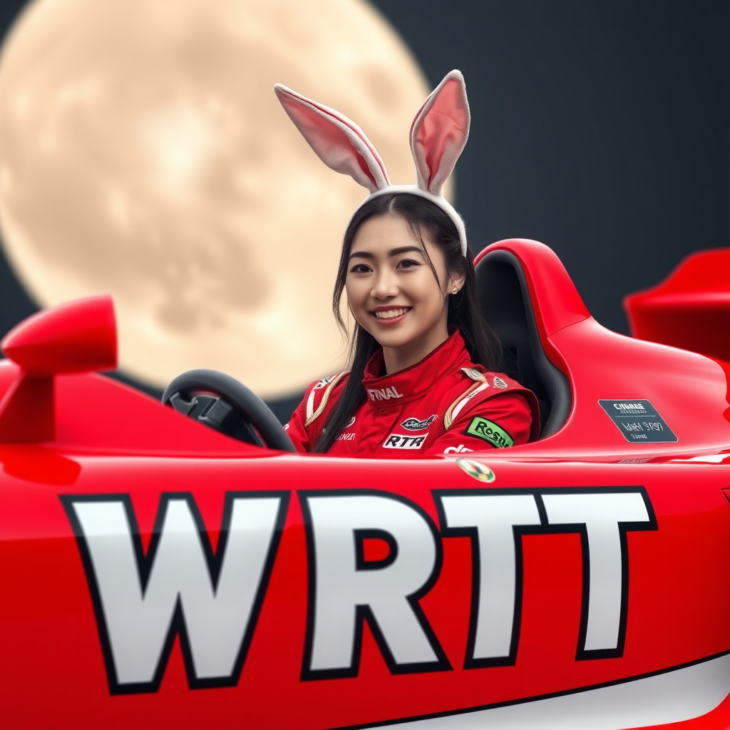 A red racing car with the letters WRT written on its body; a beautiful Chinese female racer wearing bunny ears, sitting in the car and smiling. The red racing suit also has WRT written on it; the background features an enormous moon.