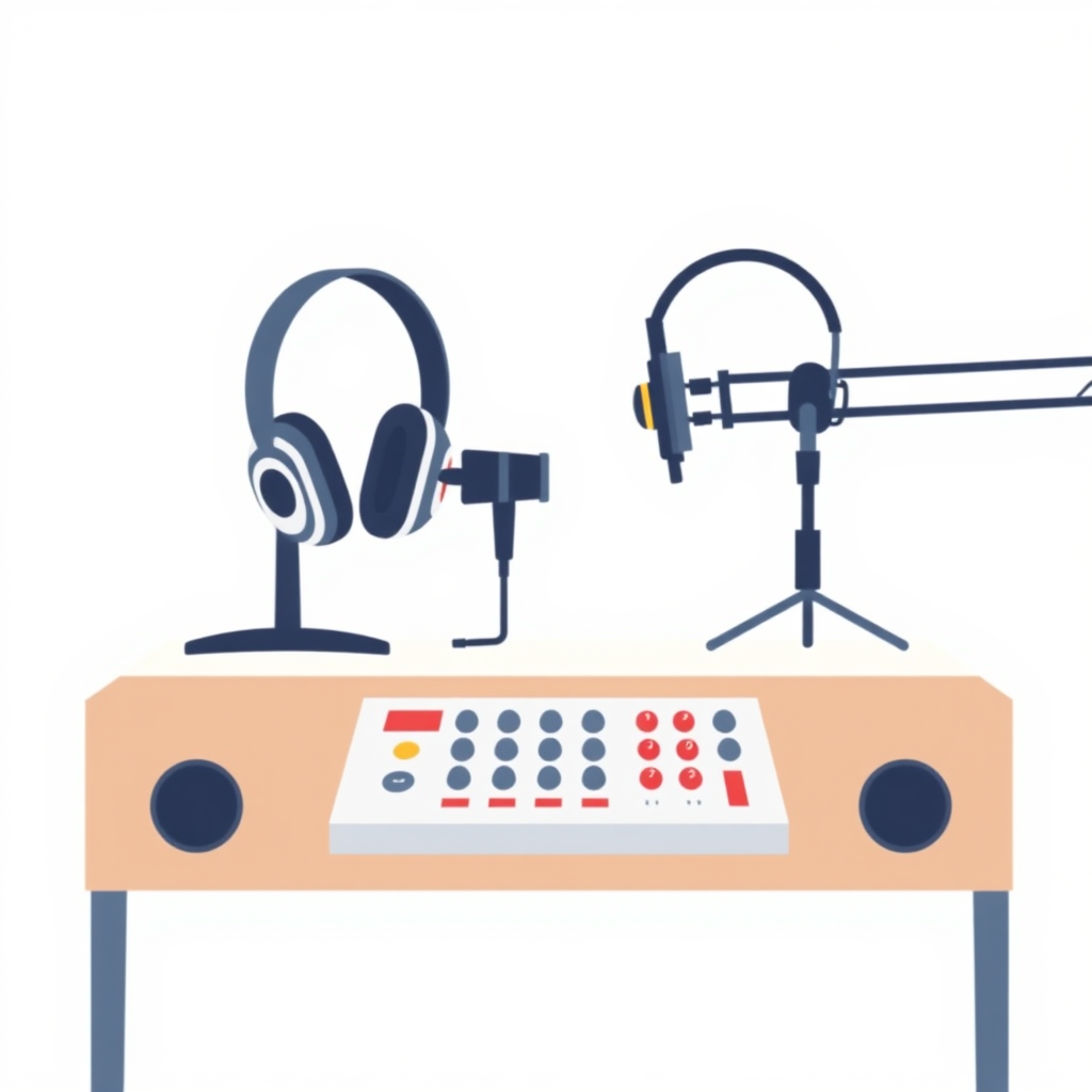 A minimalist, flat design illustration of a podcast setup. The image should include a microphone, headphones, and a sound mixer or audio interface on a simple desk or tabletop. The background should be a plain, neutral color like white, gray, or light blue. The overall style should be clean, modern, and visually appealing as a generic stock image for podcasting.