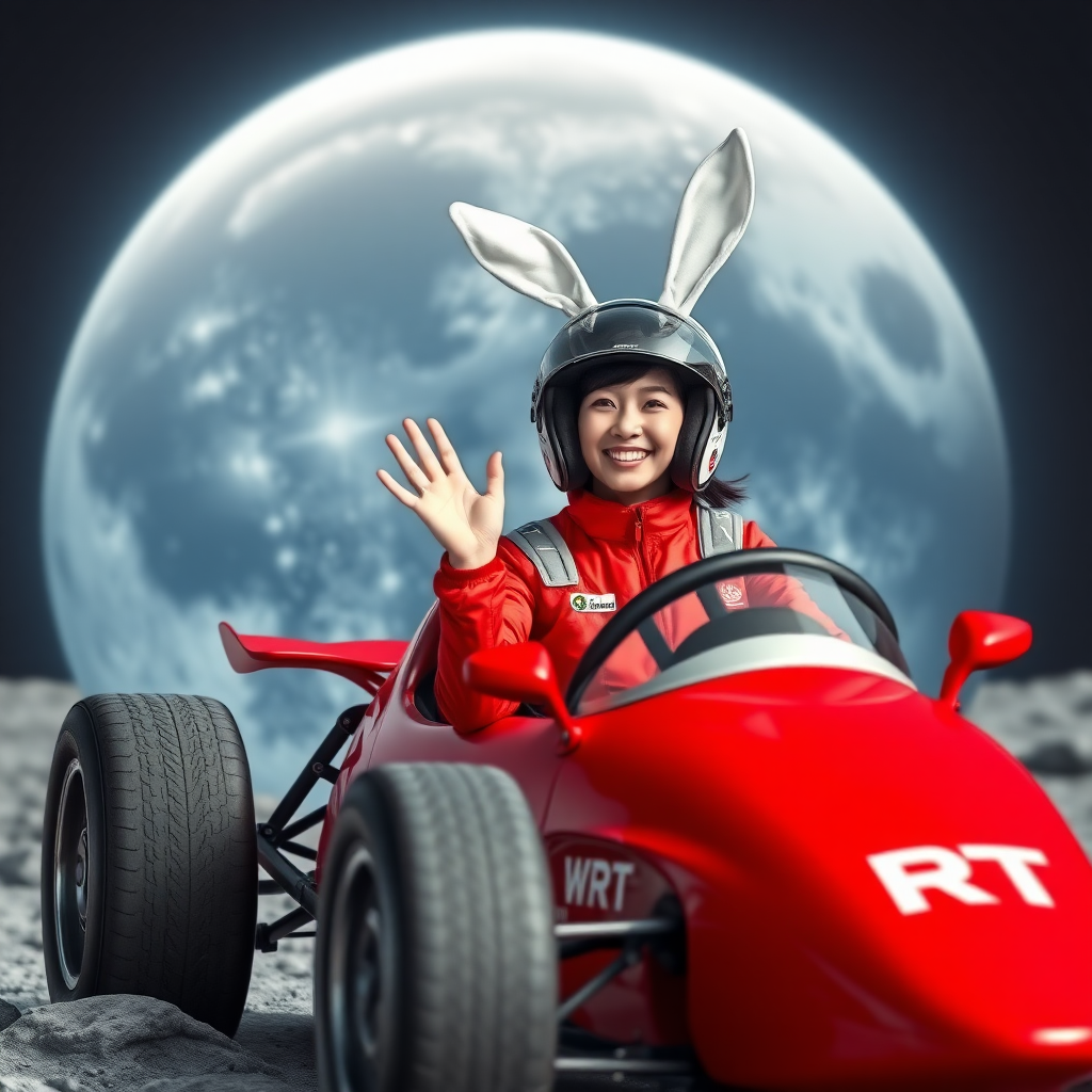 On the surface of the moon, there is a red moon racer with WRT written on it. A beautiful Chinese female racer, wearing a racing helmet with white rabbit ears standing up, is laughing and waving one hand, while the other hand grips the steering wheel tightly. The background features a huge Earth.