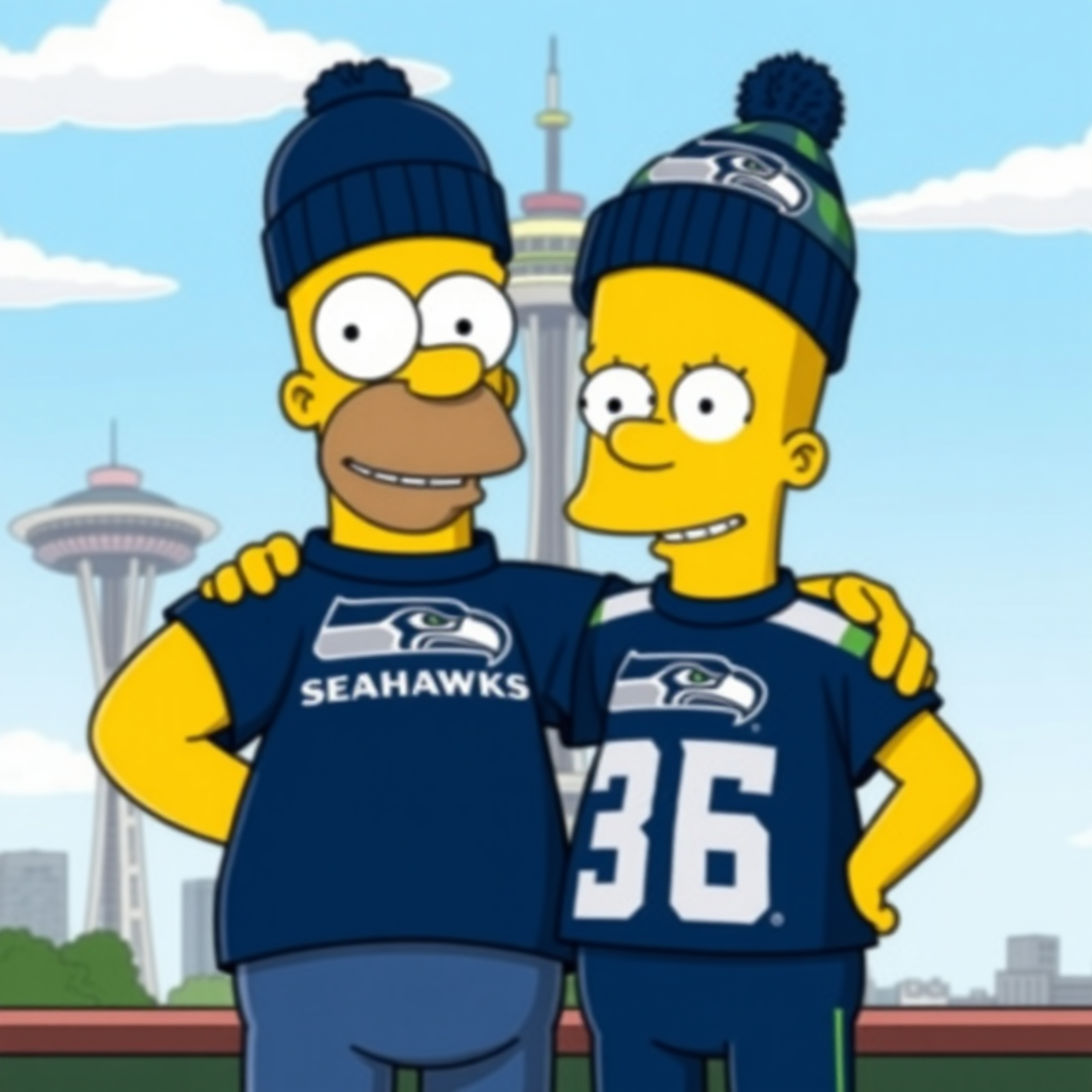 Homer Simpson and Bart Simpson wearing Seattle Seahawks t-shirt and beanie, with the Space Needle in the background.