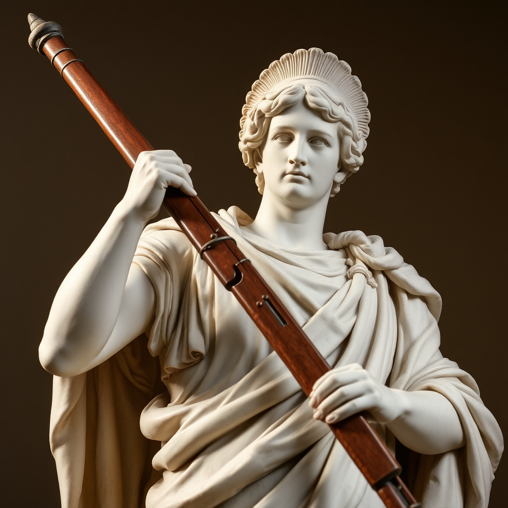 Art. Roman statue with a rifle posing.