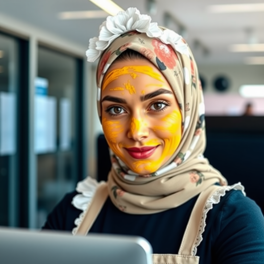 slim, modern, french maid, floral hijab, turmeric paste on face, working in office