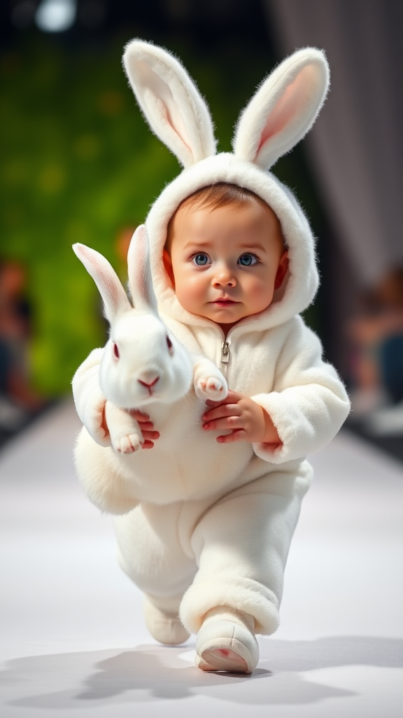 A cute small chubby fair baby big eyes pink lips pink cheeks wearing a furry cozy white rabbit costume doing ramp walk in a fashion show walking with a real white big rabbit holding in hands cinematic