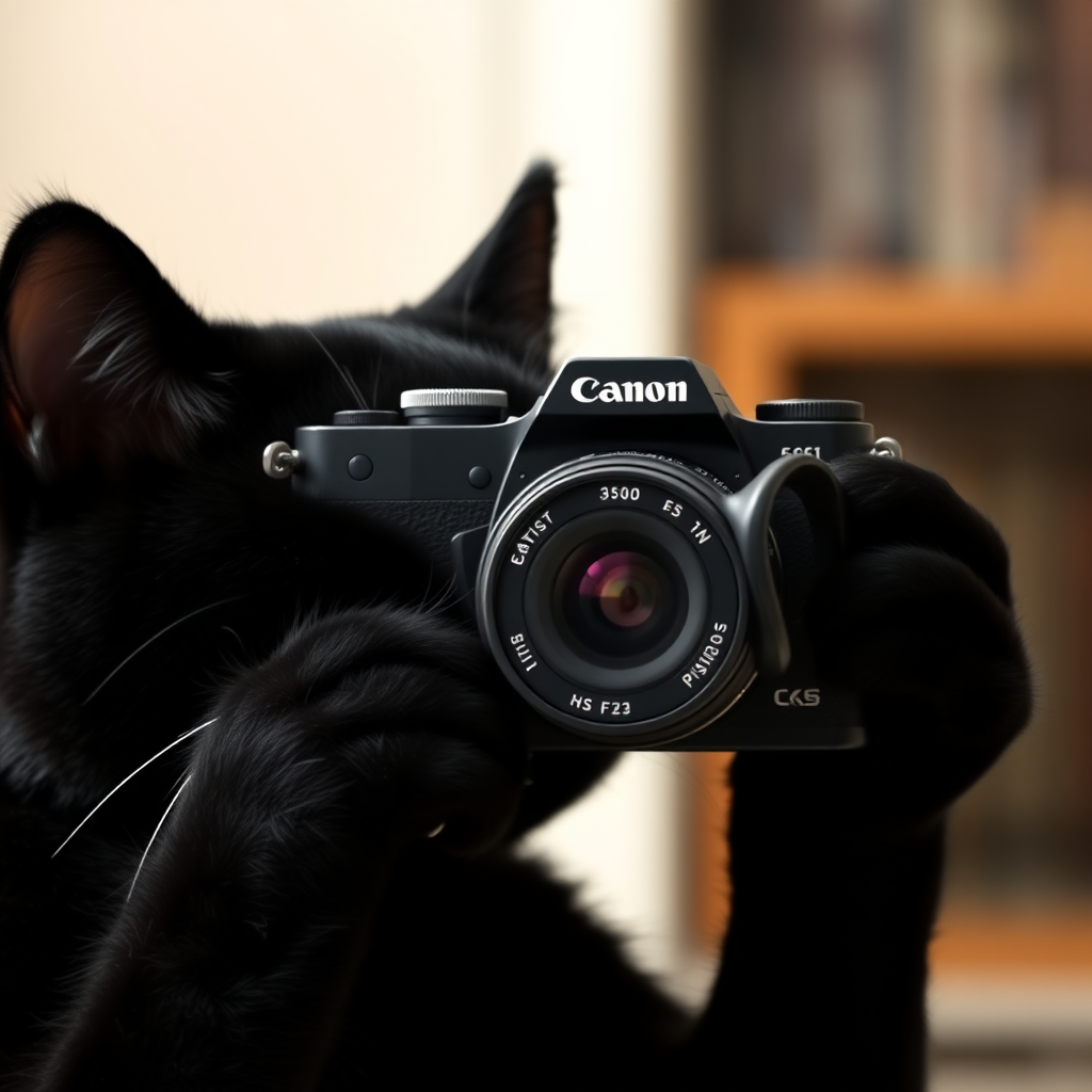 A black cat is taking pictures with a camera named "Canon".