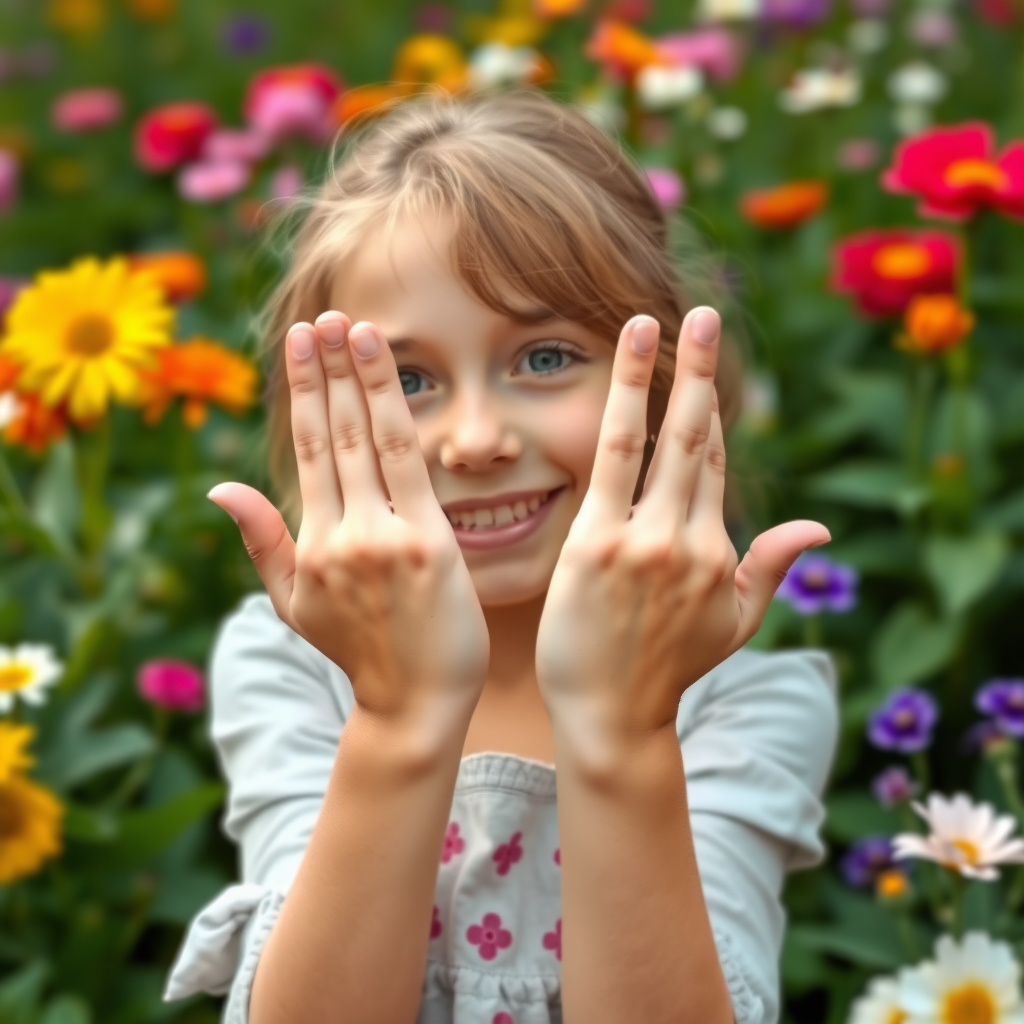 a pretty girl in a flower garden, smiling and holding up here hands, showing all 10 of her soft pretty fingers