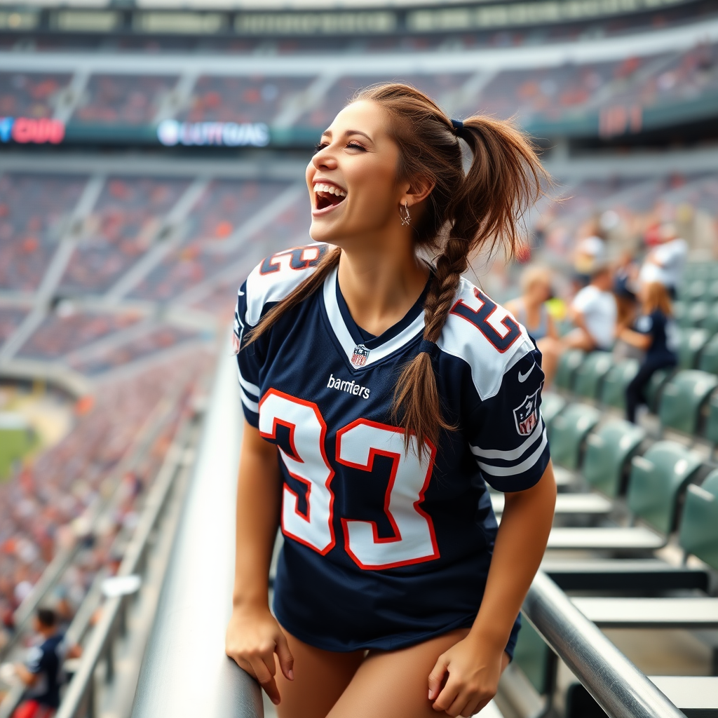 Extremely attractive female NFL fan, wearing a jersey, large chest and pigtail hair, cheering while leaning forward over stadium barriers, at NFL stadium bleachers.