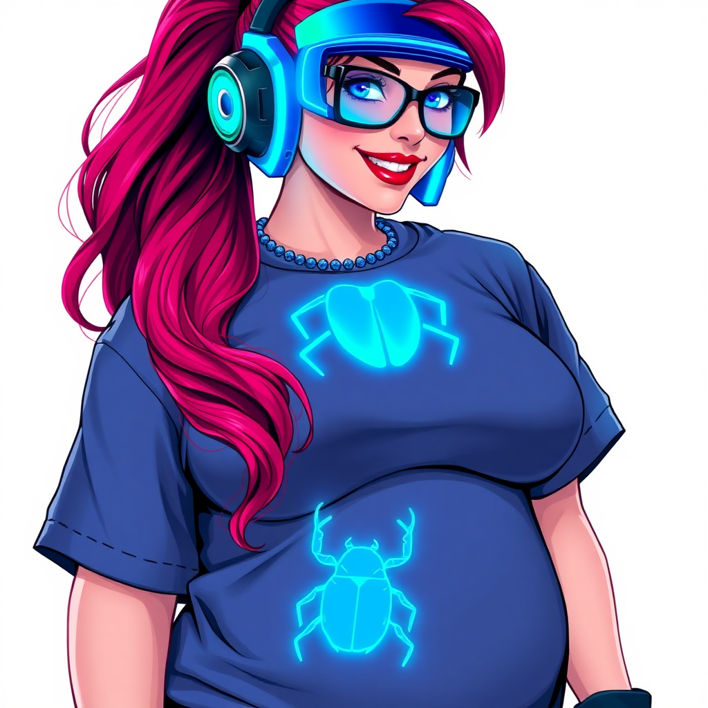 A cyberpunk vigilante’s full-figured intelligent and tech-savvy 29-year-old girlfriend, who is a computer hacker and tech genius. She has a long ruby red ponytail and bright blue eyes. She wears a sapphire beetle gemstone necklace, and an oversized Maximum Blue (RGB 71, 171, 204) t-shirt featuring a giant neon blue glowing icon of a beetle on its chest. She has a full-figured physique with a prominent, gargantuan, round midsection, reflecting her well-cared-for lifestyle. The midsection is heavily emphasized. She sports a sapphire headset with hi-tech Maximum Blue (RGB 71, 171, 204) lensed HUD visor, Maximum Blue (RGB 71, 171, 204) lipstick, black eyeglasses, and a beaming smile with a passionate bright red blush. Despite her figure and a lack of self-esteem, she radiates an air of beauty. She has an angular face which contributes to her radiant beauty. She serves as his tech expert from his hideout, holding a holographic tablet and a hi-tech tool wrench. The background is solid white. She is drawn as if she was in a retro 2D cyberpunk fighting game. Make sure her shirt covers her round midsection.