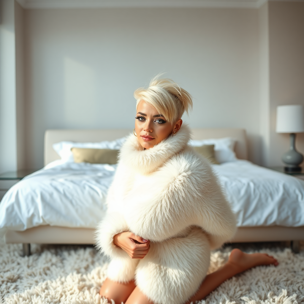 Vancouver sunny spring Sunday morning, master’s stylish penthouse apartment bedroom, concrete-glass-steel-leather clean design fluffy carpet, white sheets on bed, “FUZZY poncho lovers” community photo shoot. Sam, 19 years old beautiful femboy curvy-model, rather short booty figure, platinum blond boyish rebel punk hairstyle, flawless heavily made-up face with sharp arched tattooed eyebrows, wearing Supertanya-style fluffy very fuzzy bright white angora turtleneck-poncho fully covering body and arms, gold earrings, both hands behind back, kneeling on carpet in front of bed, looking at camera. Focus on Sam’s face and turtleneck-poncho.