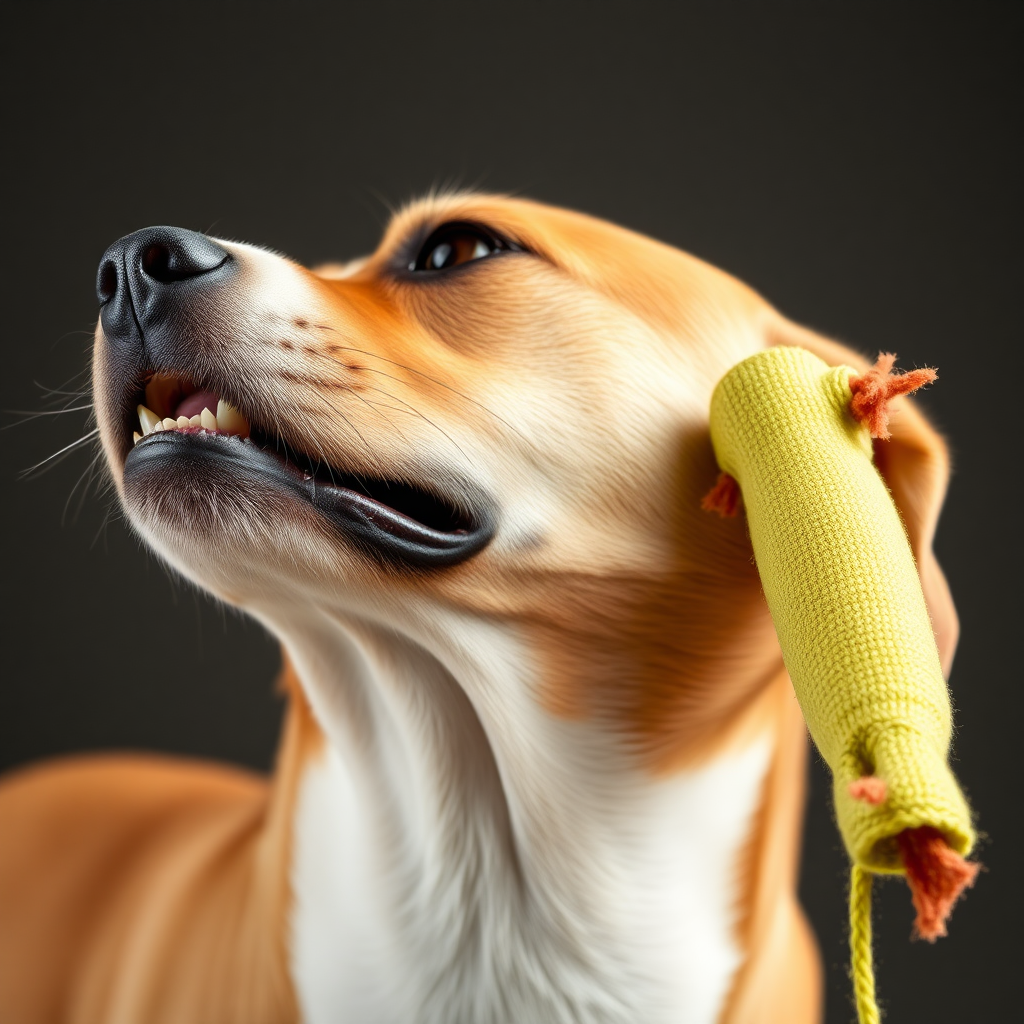 A dog biting a toy, close-up shot, side view of the head, stretching its neck, looking up. Open the mouth, opaque.