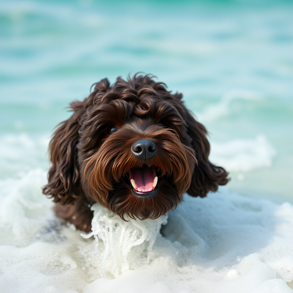 cute gigantic dark chocolate colored cockapoo coming out of the ocean, ultra realistic, ultra detailed, 50mm photo, showing his teeth, huge