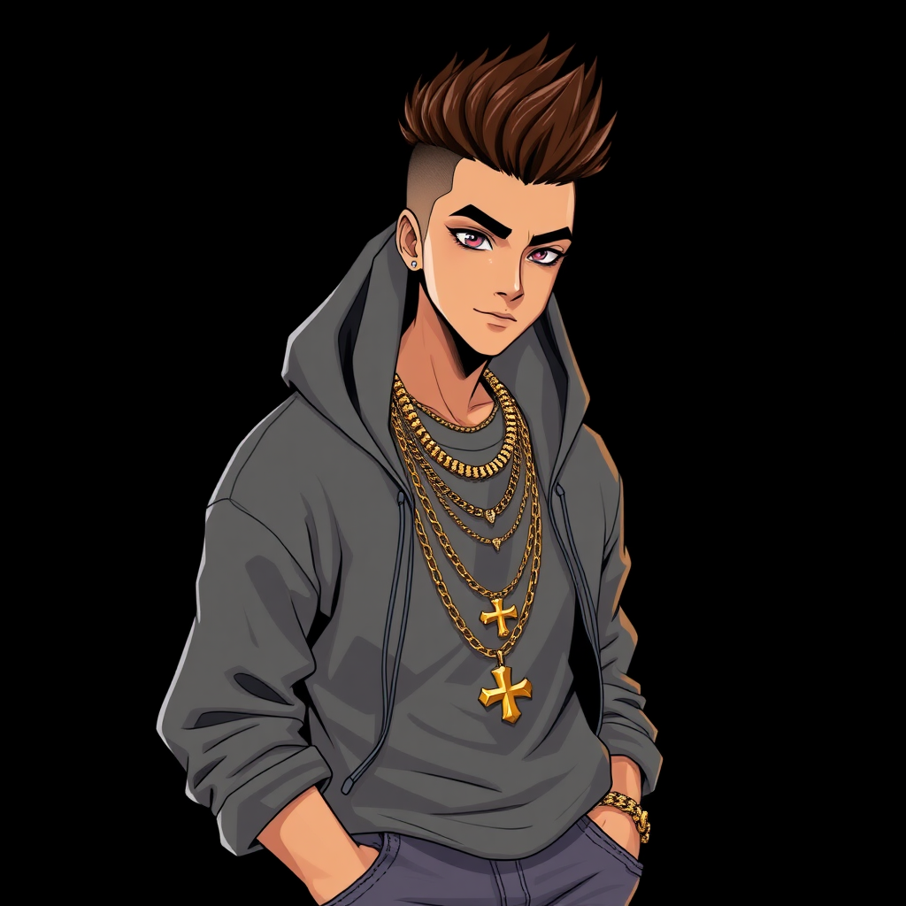 (Anime Style Art) Black background, A handsome latino male, brown-dark fohawk hair, hazel eyes, skinny, wearing a swagger hoodie, sagging jeans, 4 necklaces gold around neck