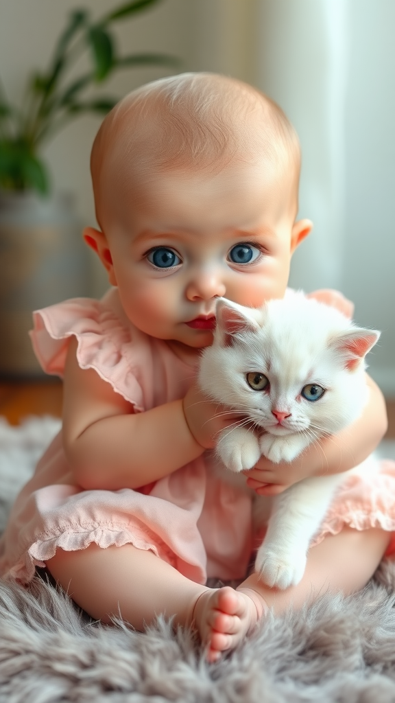 A cute small chubby fair baby with big eyes, pink lips, and pink cheeks wearing a light pink frock is sitting on a furry rug holding a white fluffy cute cat.