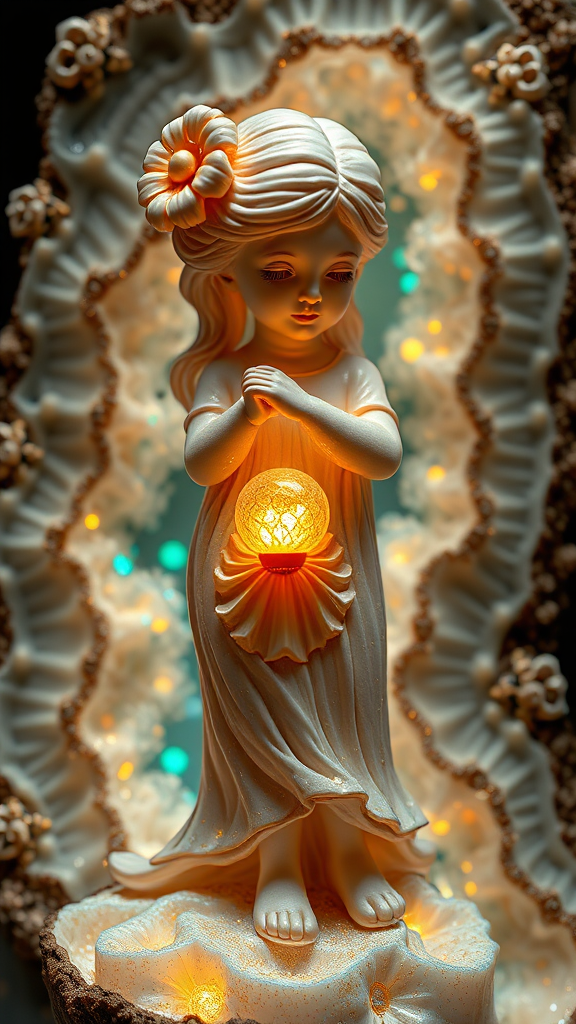 young girl statue, mandelbulb fractal, ultra-detailed, dynamic composition, artistic photograph, geode, alabaster, fractal, brilliant colors, glittering, illumination, transparency, translucent, opal, turquoise, gold, romanticism, sharp focus, wabi-sabi, pottery, floral