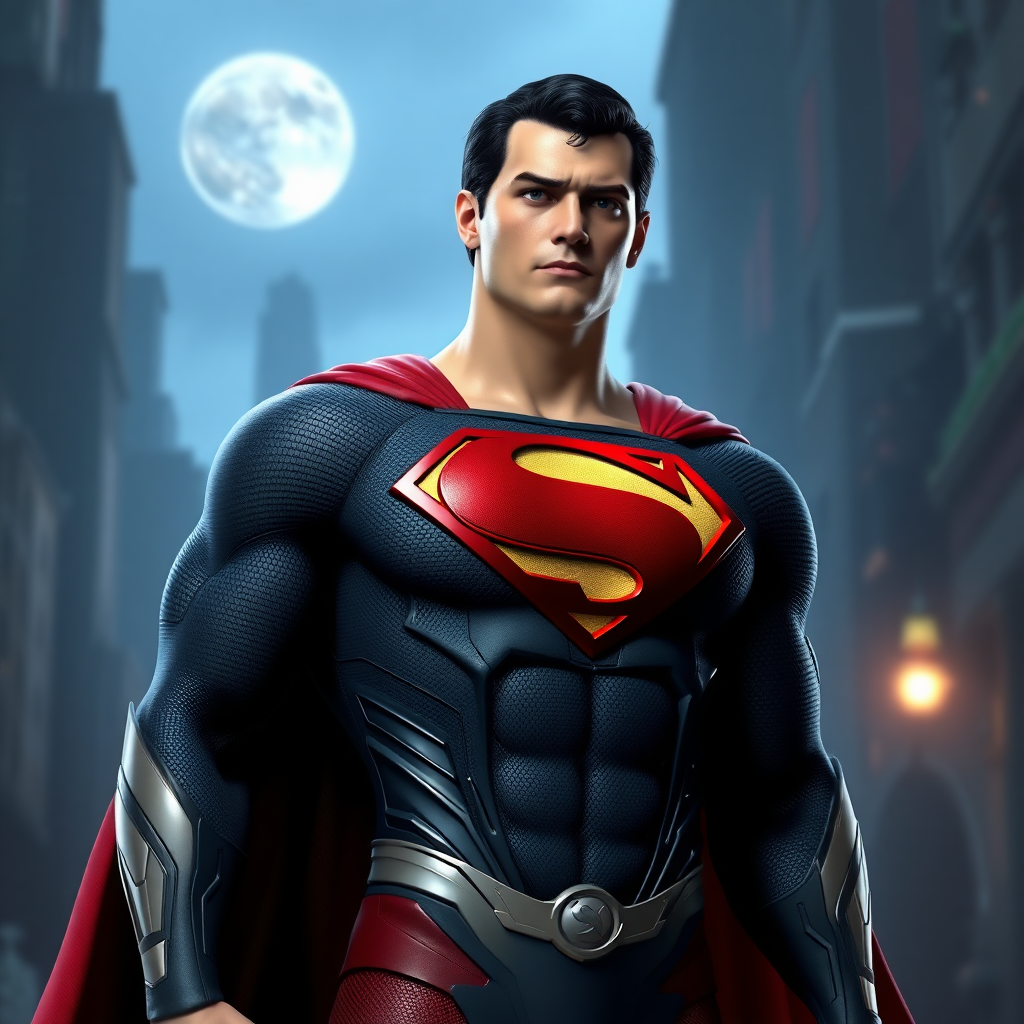 Generate a full-length photorealistic render of Superman possessing Marie Rose's female figure, maintaining his original head. Adapt his costume to fit the new form. Merge background elements inspired by both characters' worlds.