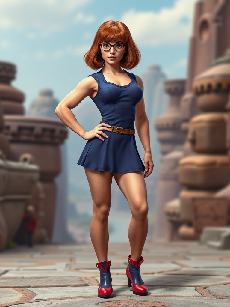 Create a full-length photorealistic image of Velma Dinkley, featuring an inverted triangle body type inspired by a male bodybuilder. Retain Velma's iconic head, hairstyle, and facial features. Alter her traditional costume to fit the new muscular physique, maintaining color and style elements. For the background, draw inspiration from Velma's character, incorporating elements such as a mystery-themed setting or a vibrant mystery landscape that reflects her adventurous spirit. Focus on blending the character's classic traits with the new body type while ensuring a cohesive and engaging composition.