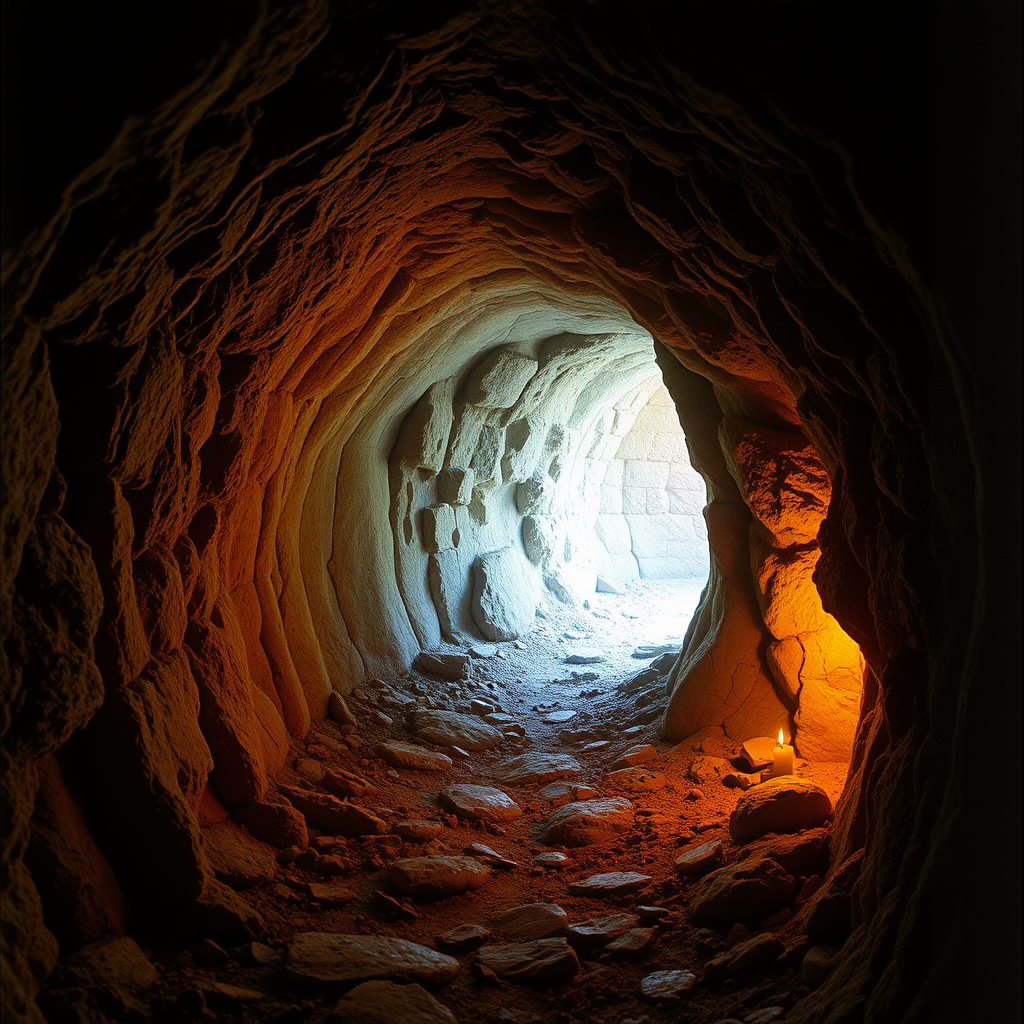 highly detailed realistic 35mm fantasy movie still photograph of Even a bit of daylight entering through a crawl space or a torch will reveal that this is an unusual tunnel. Bright, brilliant colors are to be seen everywhere, the stones and pigments undimmed by the passage of decades.