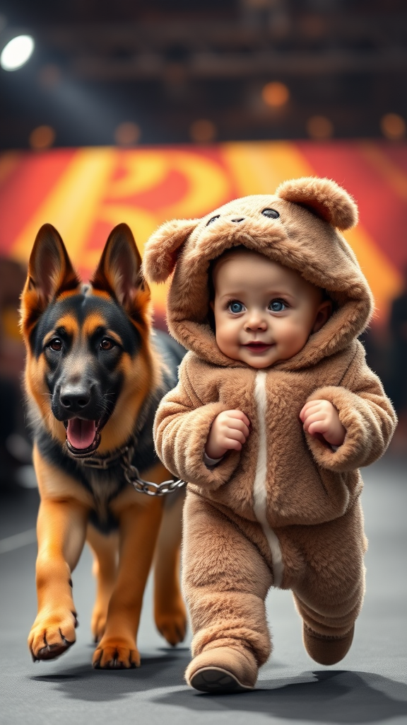 A cute small chubby fair baby with big eyes, pink lips, and pink cheeks wearing a furry cozy dog costume doing a ramp walk in a fashion show, walking alongside a real German Shepherd dog, with the baby holding the dog's collar chain, cinematic.