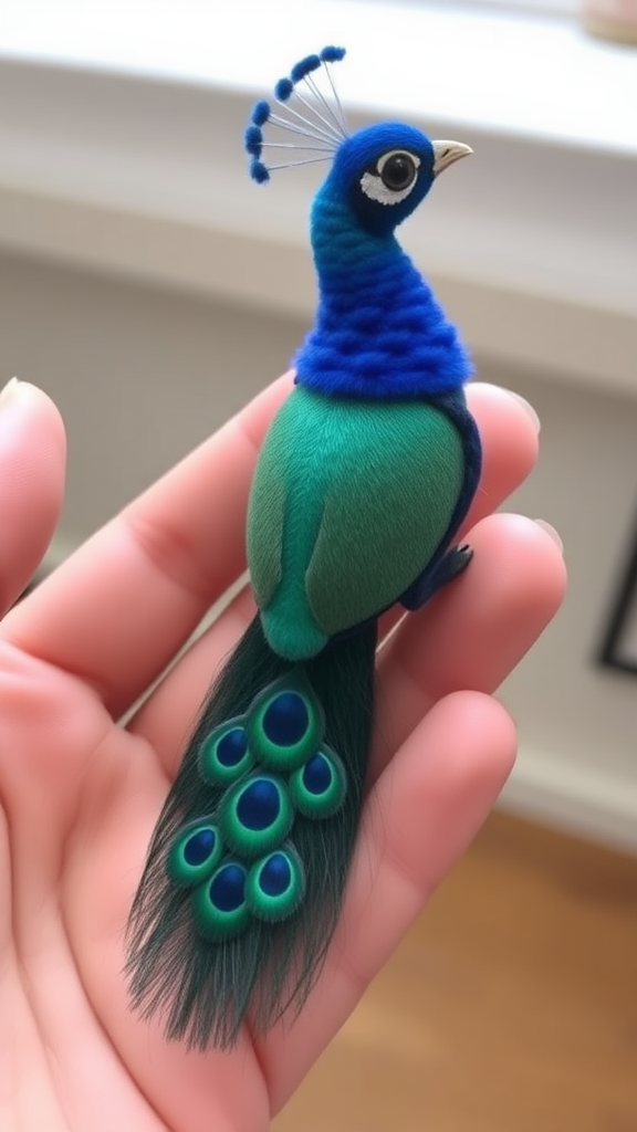 A small tiny cute big eyes big tail blue peacock on hand