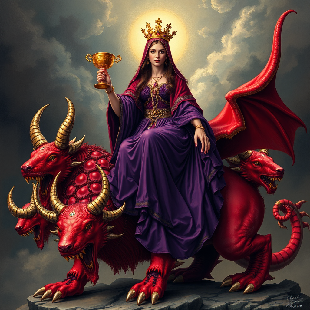 A woman sitting on a scarlet beast that has seven heads and ten horns. The woman is dressed in purple and scarlet, and adorned with gold and precious stones and pearls. She holds in her hand a golden cup full of abominations and the impurities of her sexual immorality.