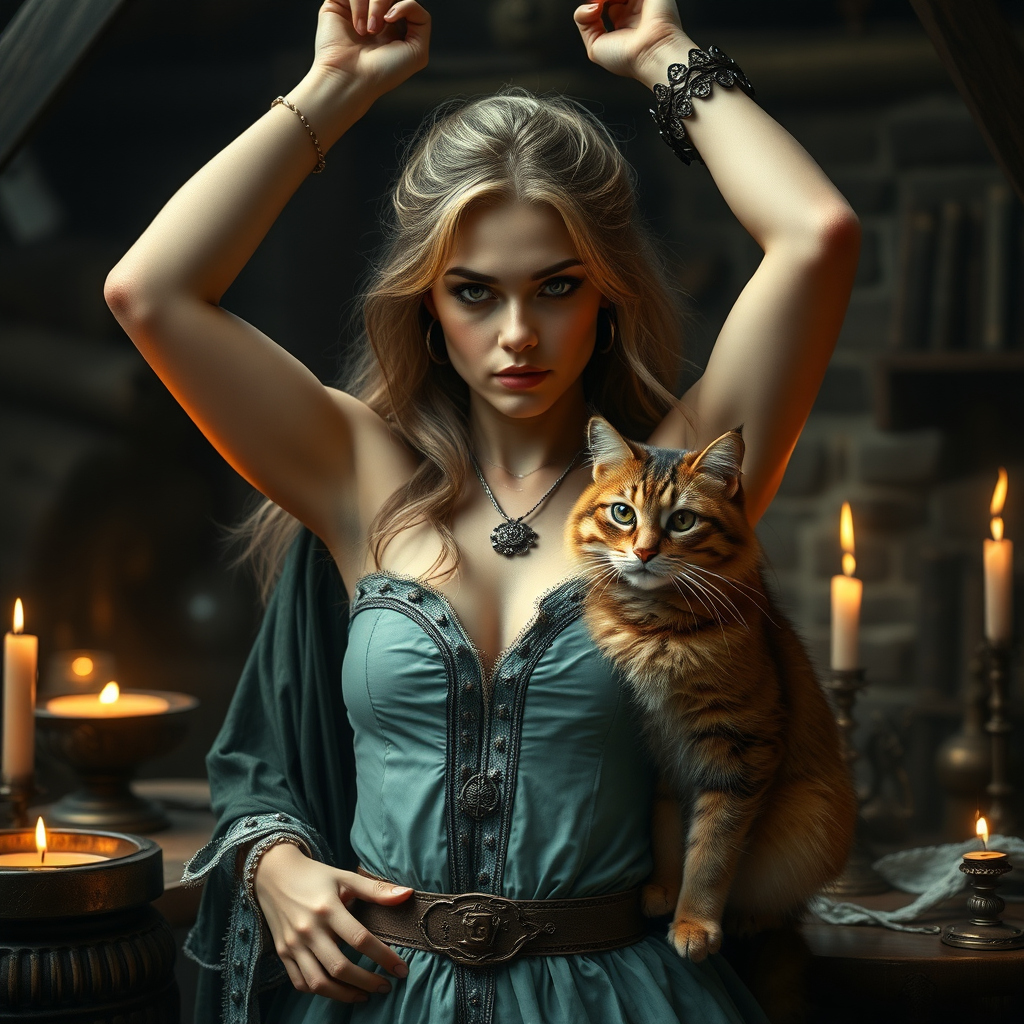 Imagine: A perfectly staged scene of sorcery and companionship filled with hundreds of little details. Within there is a terrifying sorceress looking lovely and irresistible. Her physique is preternaturally perfect. Staring directly into the eyes of the viewer. Arms up high. She has a brown Siberian Cat as a familiar.