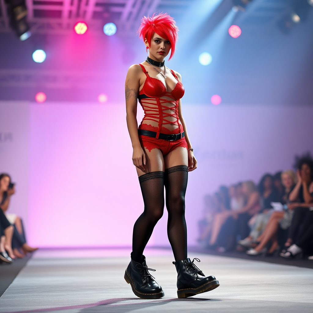 a size 16 girl with punk hairstyle wearing red lingerie and black stockings on a catwalk during a fashion show - full length view - she is wearing Doc Martin type boots