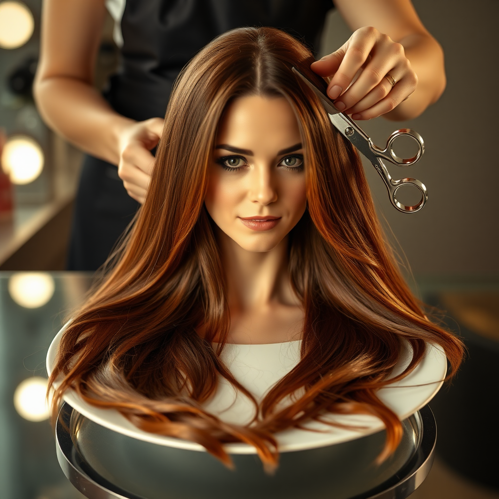 In a bizarre, surreal tableau, the polished surface of an elegant dining plate cradles the disembodied head of a strikingly beautiful Kate Middleton, her long, flowing hair cascading like a glossy waterfall of deep chestnut and honey highlights. The hair is luxuriously arranged, strands shimmering under the soft, ambient light that bathes the scene in an ethereal glow.

A skilled hairdresser, clad in a sleek black apron, stands poised with a pair of gleaming scissors, carefully trimming the endlessly luxurious locks that frame Kate's serene, almost ethereal features. The air is thick with the scent of salon products mingling with delicate hints of floral fragrances, creating an unusual yet strangely inviting atmosphere. The hairdresser's focused expression reveals a meticulous dedication as snippets of hair fall gracefully onto the pristine plate, echoing a sense of both artistry and absurdity.

The overall emotional tone conveys a dreamlike quality, inviting viewers to ponder the juxtaposition of beauty, identity, and the bizarre circumstances that bind them in this extraordinary moment.