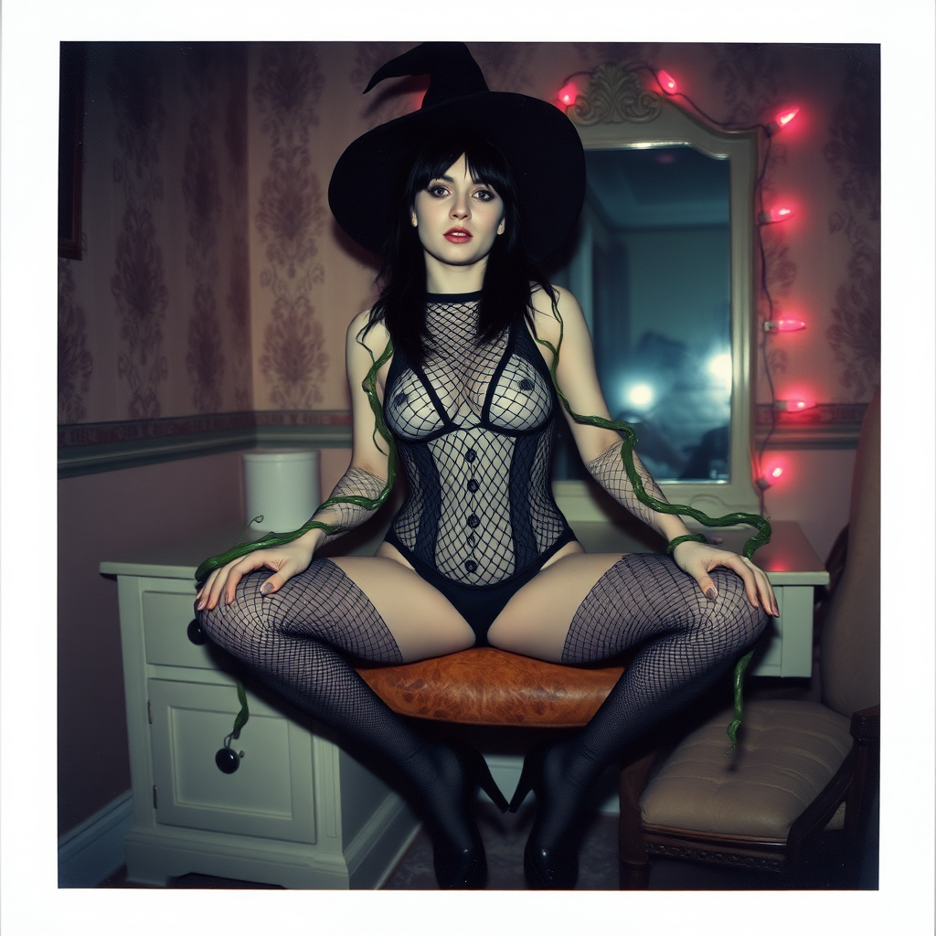 Scan of an nsfw old polaroid photograph with visible wear and heavy vignetting and blue color tint and light leaks, depicting a sexy pale curvy alt goth girl with black hair wearing skimpy fishnet black bodysuit and gstring revealing her nipples and wearing black stockings and high heels, sitting on a builtin vanity with mirror in old house with wallpaper on walls with her knees spread apart. Camera flash used. Dark lighting. Moody and hazy. Grunge look. Erotic. Nude. Pink Christmas Lights on wall. She is wearing a witch hat and is being restrained by giant green vines wrapping around her arms and legs and torso.