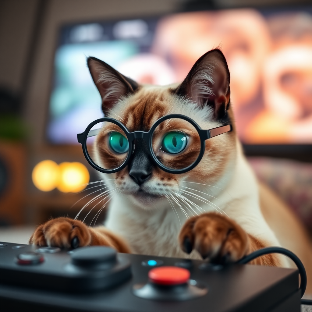 A Siamese cat playing a video game with round glasses.